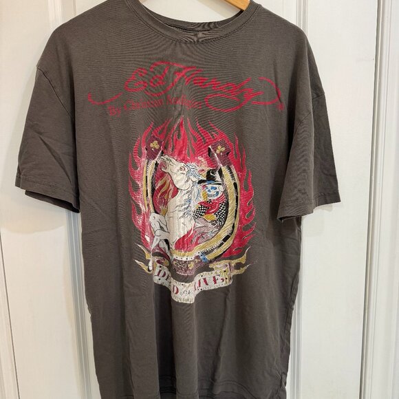VINTAGE ED HARDY GRAPHIC TEE Y2K HORSESHOE FLAME DESIGN BY CHRISTIAN AUDIGIER SI - Picture 1 of 2